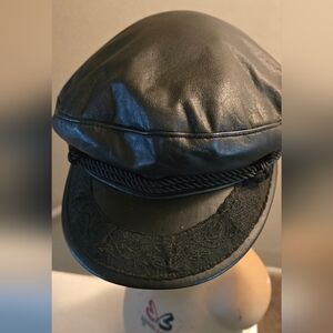 Black Faux Leather Sailor Cap with Braided Rope Detail